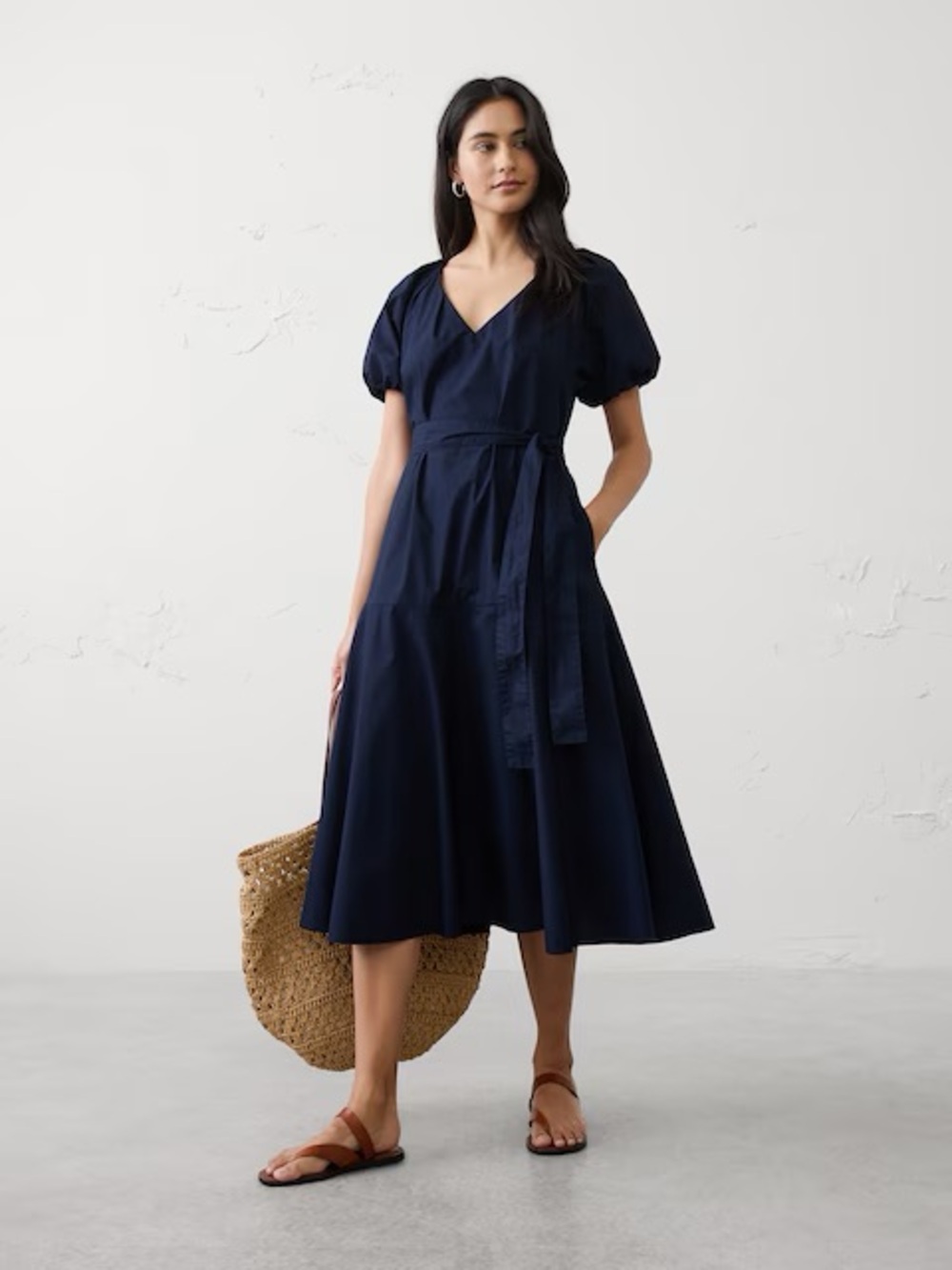 Banana Republic Navy Puff Sleeve Cotton Poplin Midi Dress with Tie Waist NWT